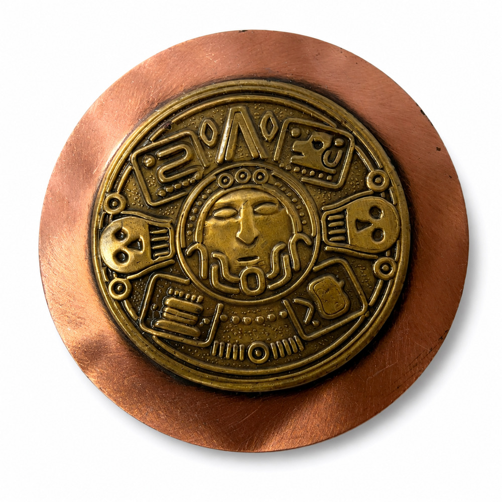 Vintage Maya Aztec Inspired Copper Tone Round Brooch Pin Glyph-Like Mesoamerican